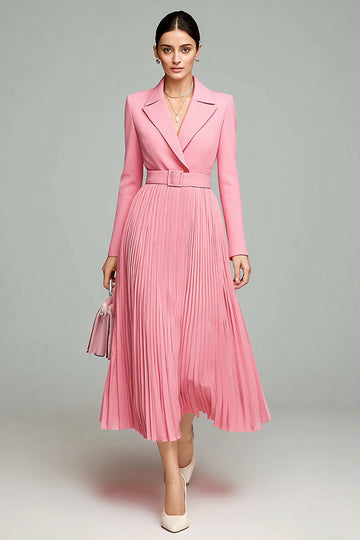 Pink A Line Long Sleeve Pleated Work Dress with Belt